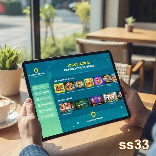 Interface do cassino online ss33 em tablet com jogos disponíveis.