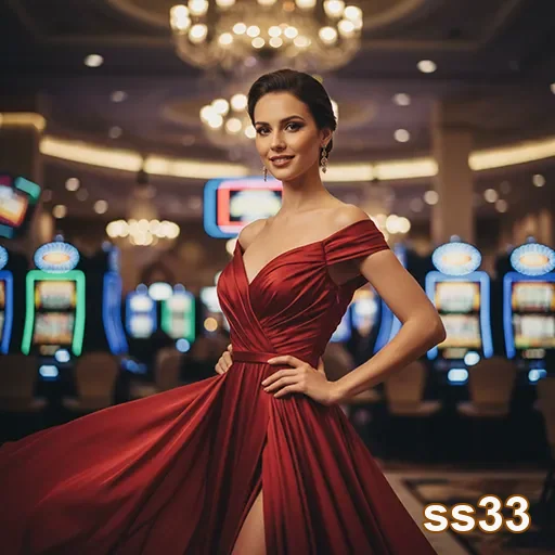 ss33 mostra uma mulher em vestido vermelho em cassino.