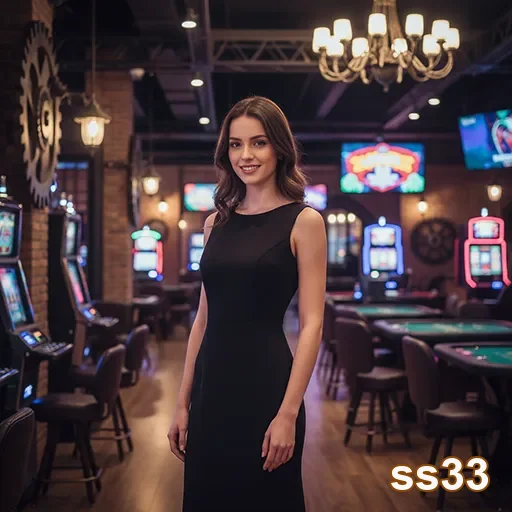 Modelo no cassino online ss33 em meio a máquinas de jogos.