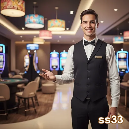 Atendente sorridente no cassino da ss33 em ambiente mobile.