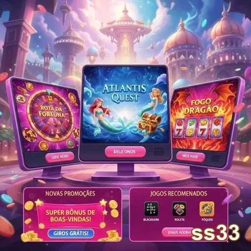 Interface de slots no ss33, destacando Atlantis Quest e mais.