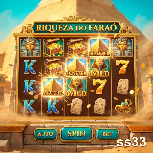 Slot 'Riqueza do Faraó' do ss33 com símbolos de tesouro.
