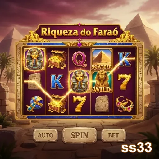 Slot 'Riqueza do Faraó' no site ss33 com símbolos egípcios.