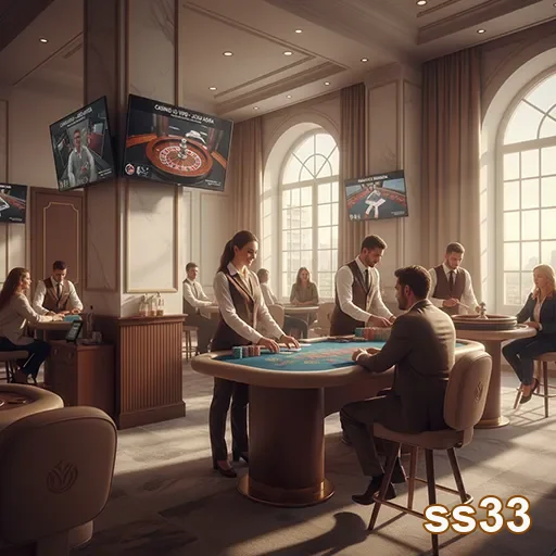 Ambiente de cassino moderno com jogadores e dealers no ss33.
